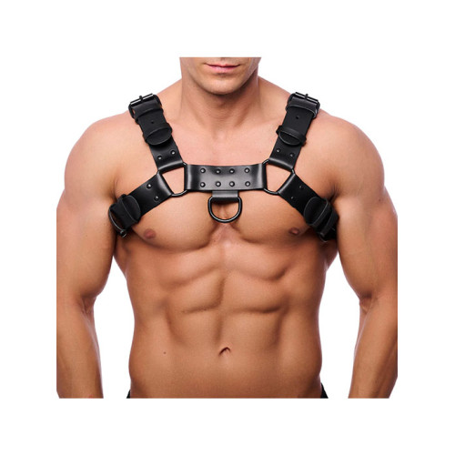 Red Leather - Bulldog Harness i sort lær med sorte detaljer - L/XL 